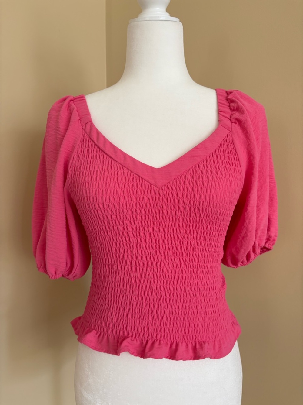 1. State Hot Pink Smocked Puff-Sleeve Crop Top